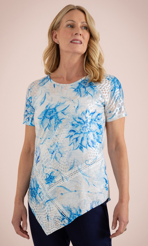 Anna Rose Asymmetric Patchwork Print Tunic Top - White/Multi