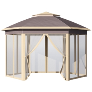 Outsunny Cenador de Jardín Hexagonal 4,05x3,4x2,85 m con Doble Techo 6 Mosquiteras Desmontables Bolsa y Anti-UV Beige