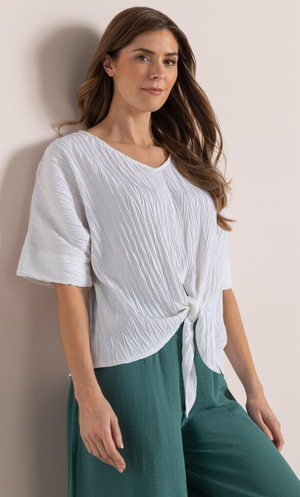 Textured Tie Hem Top - White