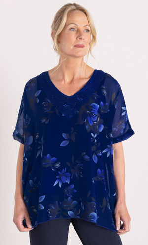 Anna Rose Printed Crochet Trim Kimono Top - Cobalt