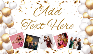 Personalised Backdrop Party Banner - Gold Balloons - Custom Text &amp; 5 Photo Upload