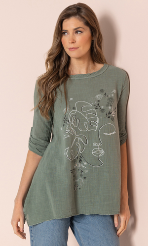 Printed Dipped Hem Tunic Top - Khaki/White