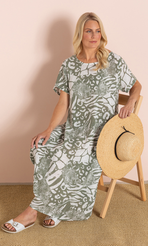 Oversized Printed Dress - Khaki/White