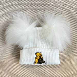 Bear White Ribbed Fur Pom Double Hat