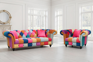 Multicoloured Velvet Patchwork 3 + 1 Seater Scroll Arm Chesterfield Sofa Set PORTOFINO
