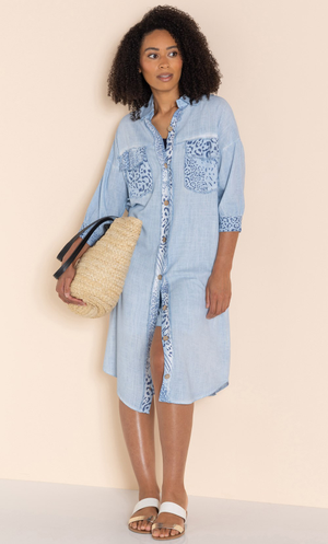 Animal Print Linen Blend Shirt Dress - Light Blue