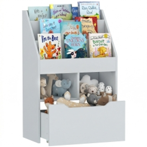 HOMCOM Estantería Infantil de Madera con 3 Compartimentos 2 Cubos y Cajón Móvil con 4 Ruedas 60x29,9x90 cm Gris