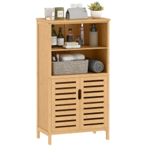 kleankin Mueble Auxiliar de Baño de Bambú Mueble de Baño con 2 Puertas 2 Estantes Abiertos y Patas Elevadas 50x29x92 cm Natural