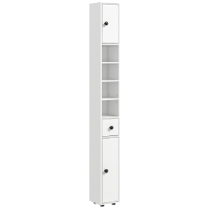 kleankin Mueble Auxiliar Baño Moderno con 1 Cajón 5 Estantes y 2 Armarios para Salón Dormitorio Carga 30 kg 20x20x180 cm Blanco