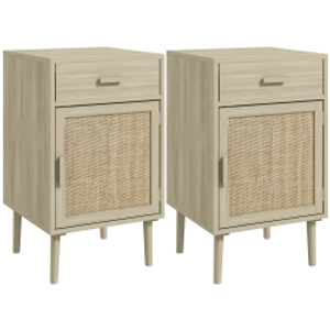 HOMCOM Juego de 2 Mesitas de Noche Mesillas de Noche con Cajón de Ratán y Estante Ajustable 40x40x68,5 cm Roble