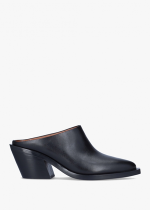 Paloma Black Leather Western Block Heel Backless Mules