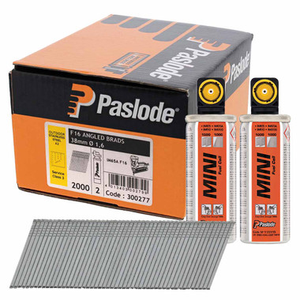 Paslode IM65A F16 x 38mm Stainless Steel Angled Brads 300277 (2000 Pack & 2x Fuel Cells)