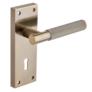 Marylebone Knurled Lever Lock Door Handle on Backplate - Antique Brass - Pair - Designer Levers