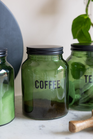 Green Glass Storage Jar With Black Lid - Coffee