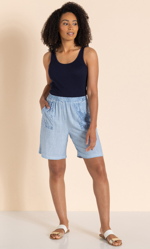 Animal Print Pull On Linen Blend Shorts - Light Blue