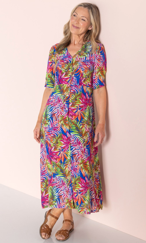 Anna Rose Leaf Print Midi Dress - Blue/Multi