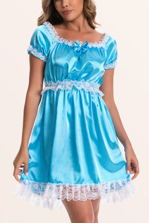 Sissy Satin Lacy Maid Nightdress - Aqua Blue