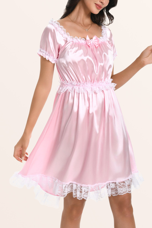 Sissy Satin Lacy Maid Nightdress - Baby Pink