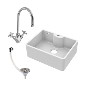 Single Bowl Fireclay Ceramic Butler Kitchen Sink Bundle with Tap Ledge, Overflow, Tap & Waste