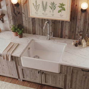 Traditional Single Bowl Fireclay Ceramic Belfast Kitchen Sink with Chrome Basket Strainer Waste - 595mm