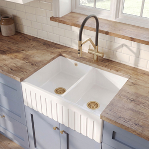 Double Bowl Fireclay Ceramic Fluted Front Butler Kitchen Sink with Stepped Weir - 795mm