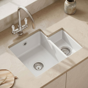 1.5 Bowl Fireclay Ceramic Undermount Kitchen Sink with Overflow - 549mm - Available as Left or Right Hand