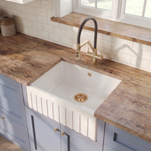 Traditional Fireclay Kitchen Single Bowl Fluted Front Butler Sink with Overflow, Choice of Size