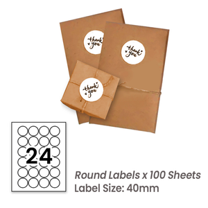 100 Sheets A4 White Self Adhesive Paper Laser Inkjet Sticker Labels 40mm Round - 24 Labels Per Sheet