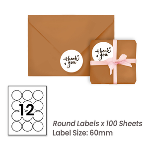 100 Sheets A4 White Self Adhesive Paper Laser Inkjet Sticker Labels 60mm Round - 12 Labels Per Sheet