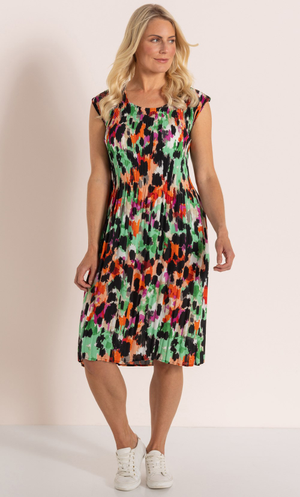 Pleated Print Dress - Green/Pink/Orange