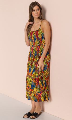 Pleat Printed Maxi Dress - Red/Khaki/Blue