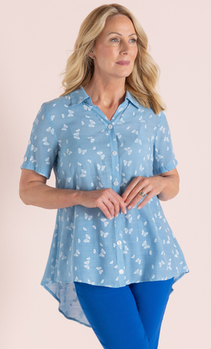 Anna Rose Butterfly Print Blouse - Blue/White
