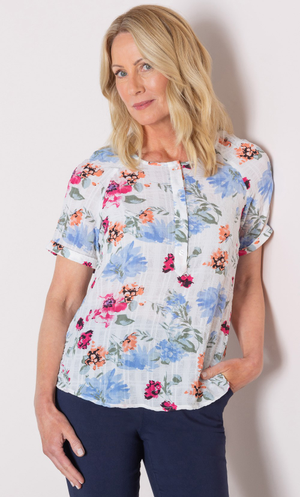 Anna Rose Floral Print Textured Top - White/Multi