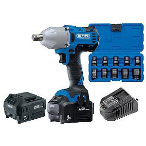 Draper 97777 D20 20V Brushless 1/2" Mid-Torque 400 Nm Impact Wrench, 2 x 3Ah Batteries + FREE 10 Piece Socket Set!