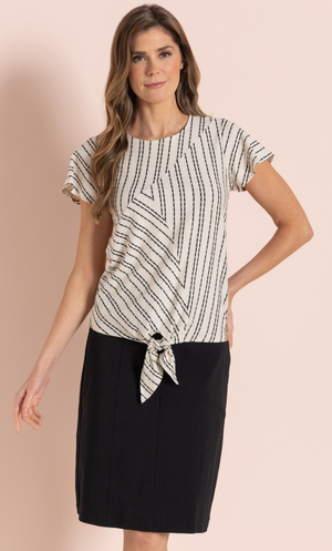 Striped Tie Hem Jersey Top - Ecru/Black