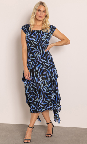 Leaf Print Pleated Midi Dress - Black/Blue