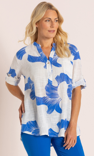 Printed Cotton Top - White/Cobalt