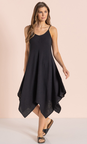 Dip Hem Cotton Strappy Dress - Black