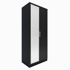 ELEGANT Soft Close 2 Door High Gloss Black Mirrored Wardrobe With Shelves