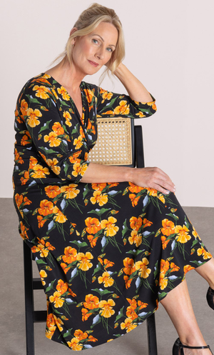 Anna Rose Printed Twist Front ITY Dress - Black/Orange