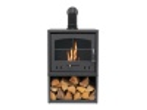 OKO S4 Bio Ethanol Stove with Log Storage in Charcoal Grey with Angled Stove Pipe
