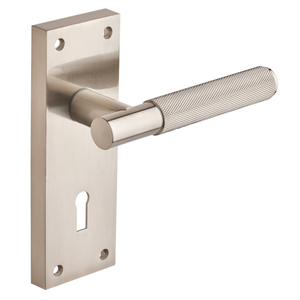 Marylebone Knurled Lever Lock Door Handle on Backplate - Satin Nickel - Pair - Designer Levers