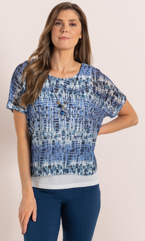 Layered Printed Top With Necklace - Blues