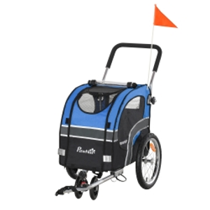 PawHut 2-in-1 Dog Bike Trailer Pet Cart Carrier Stroller for Bicycle with 360° Rotatable Front Wheel, Reflectors, Weather Resistant Canopy, Hitch Coupler, Flag, Blue