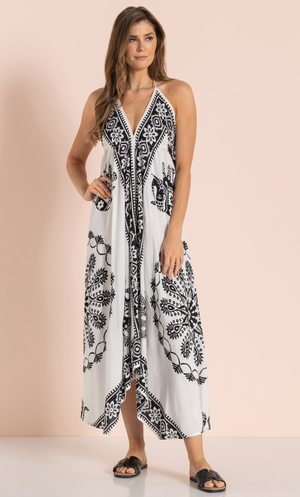Embroidered And Printed Hanky Hem Dress - White/Black