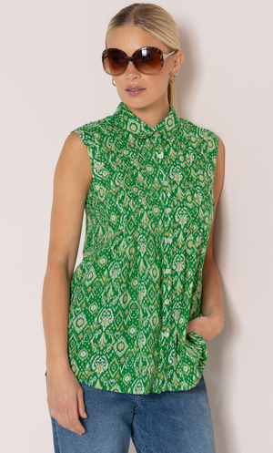 Sleeveless Printed Button Top - Apple Green