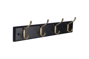 4 Brushed Brass Hat & Clothing Hooks - Wooden Board - Matte Black - Decohooks