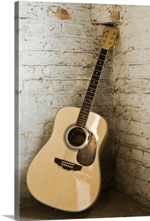 Guitar leaning against brick wall