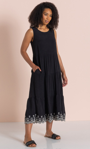 Embroidered Tiered Midi Dress - Black/White