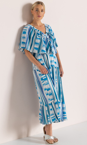 Printed V Neck Midaxi Dress - Blues